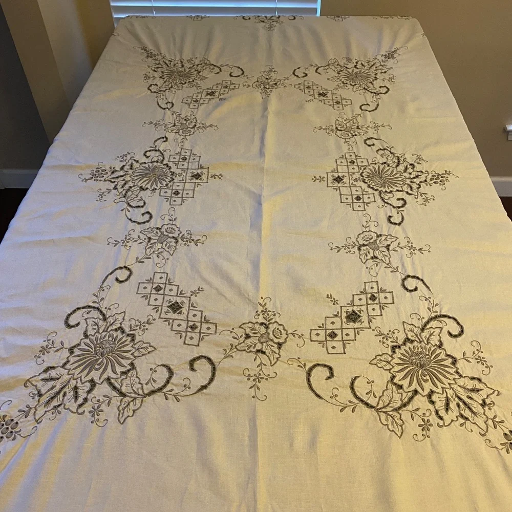 Vintage European Embroidered Floral Grape Vines Tablecloth 65